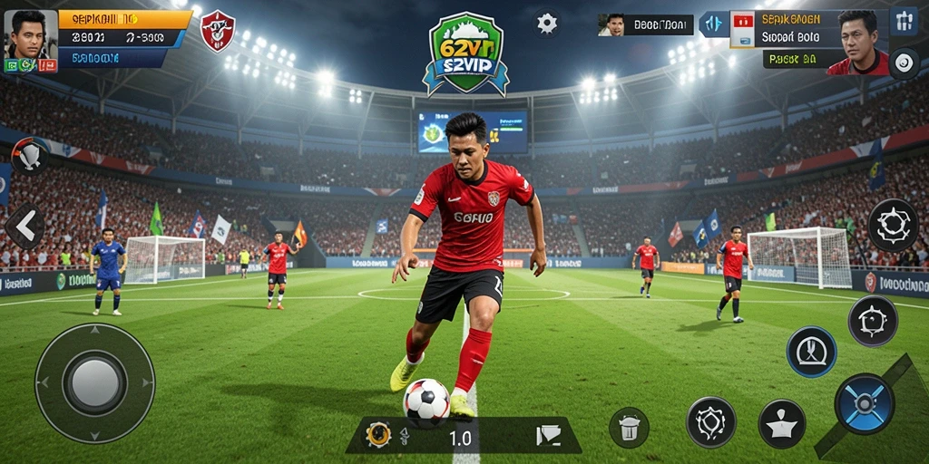 Screenshot 62VIP menunjukkan aksi gameplay sepak bola yang mendebarkan.