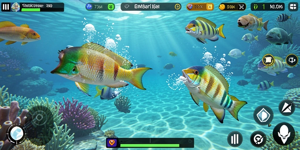 Screenshot gameplay 73K yang menampilkan aksi menembak ikan.