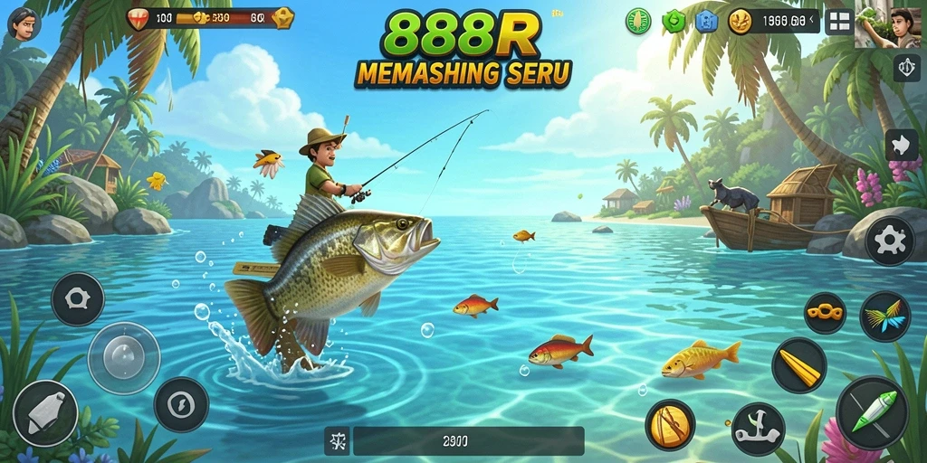 Tampilan gameplay 888R dengan aktivitas memancing yang mendebarkan.