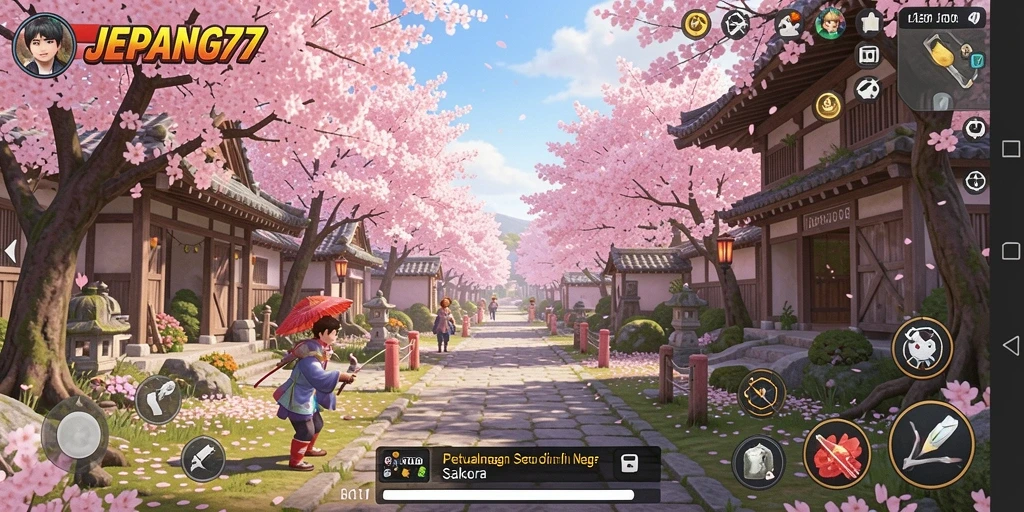 Screenshot menampilkan karakter utama menjelajahi hutan Jepang.