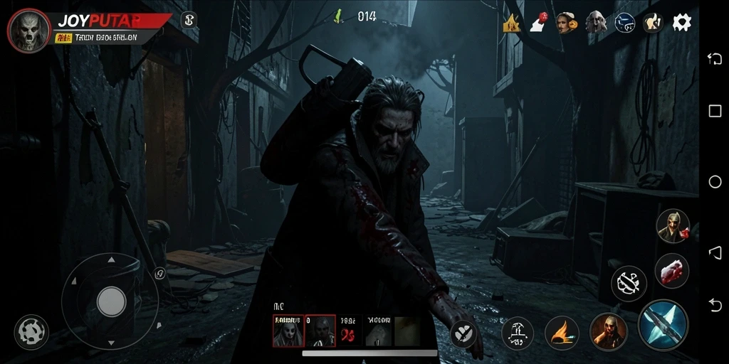 Screenshot gameplay JOYPUTAR yang menggambarkan suasana horor yang mencekam.