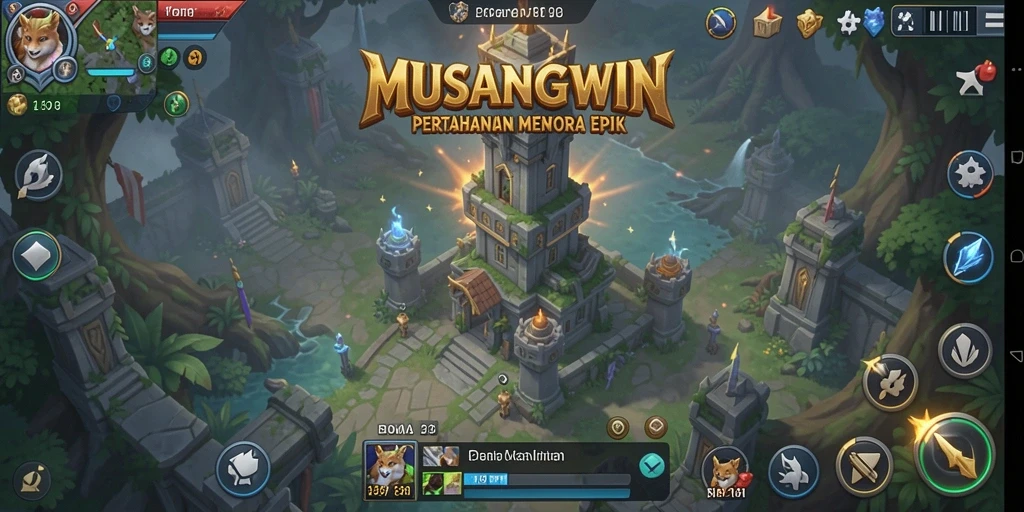 Screenshot utama MUSANGWIN menampilkan aksi strategis dalam gameplay Tower Defense.