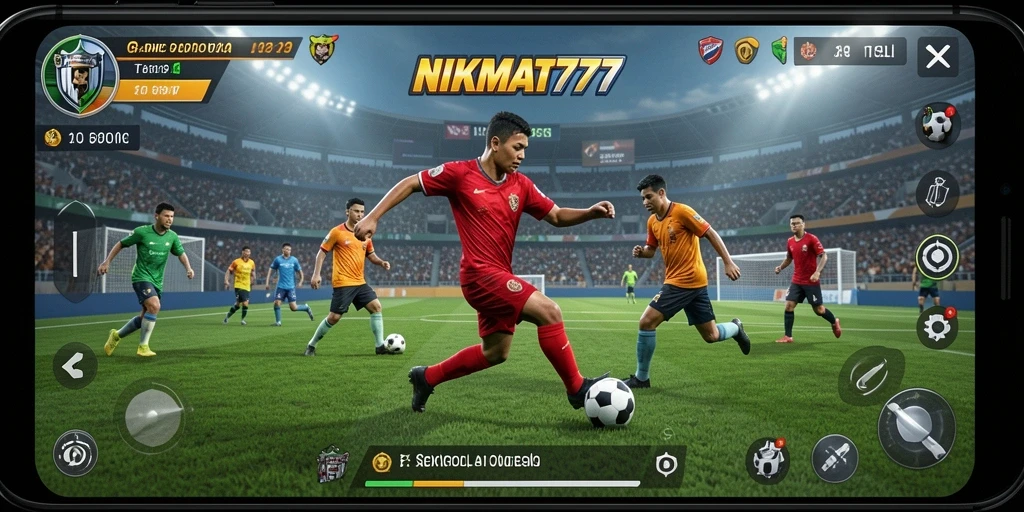 Tampilan gameplay NIKMAT777 dengan momen strategis di lapangan sepak bola.