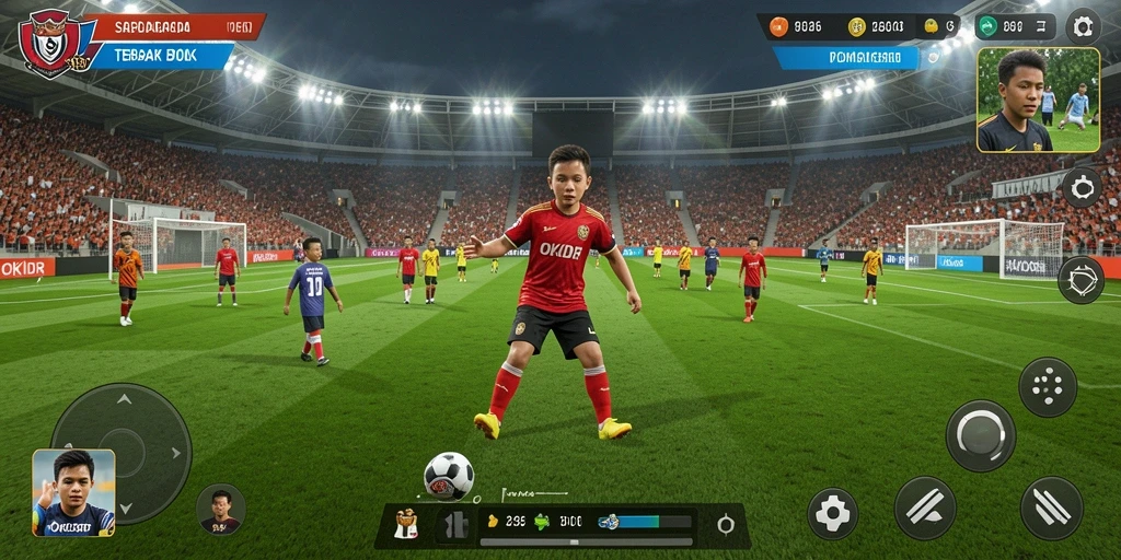 Tampilan gameplay OKIDR yang penuh aksi di lapangan sepak bola.