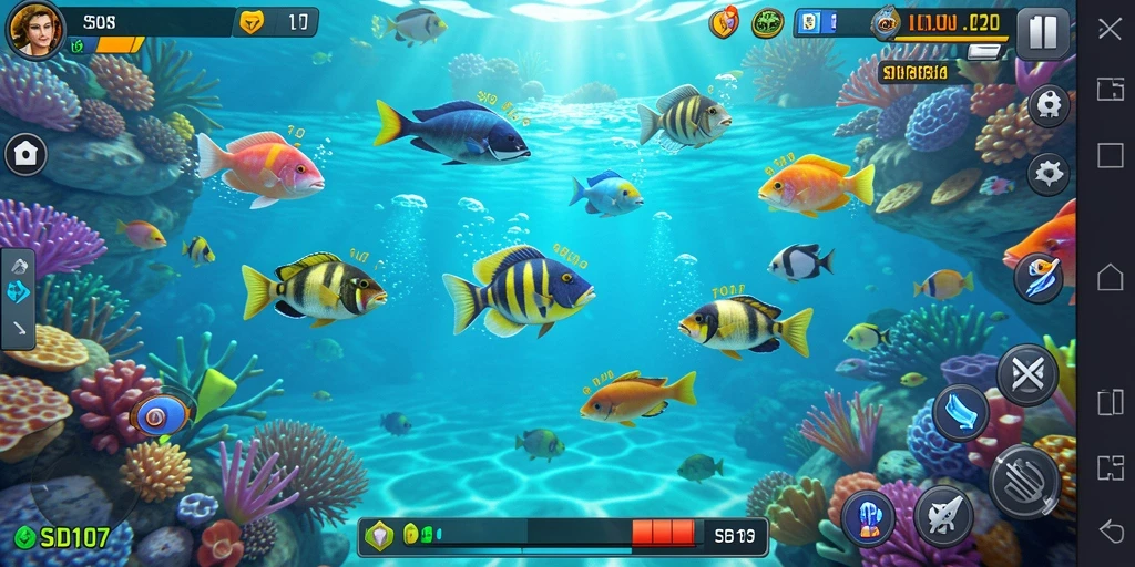 Tampilan gameplay seru dalam SD107, menangkap berbagai ikan.