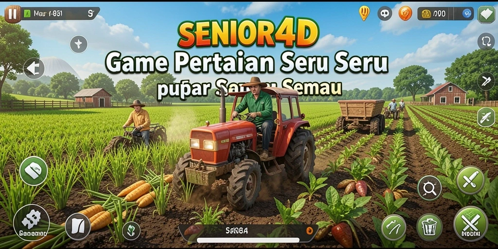 Screenshot gameplay menunjukkan ladang hijau dengan tanaman subur dan hewan ternak.