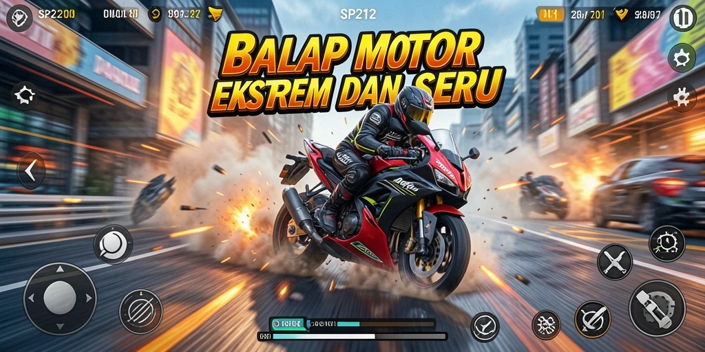 Screenshot SP212 menampilkan aksi balapan motor yang mendebarkan.